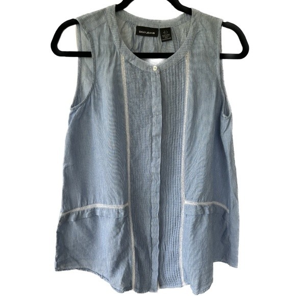 Dkny Jeans Women's Sleeveless Boho Crochet Peasant Button Down Blouse Top S